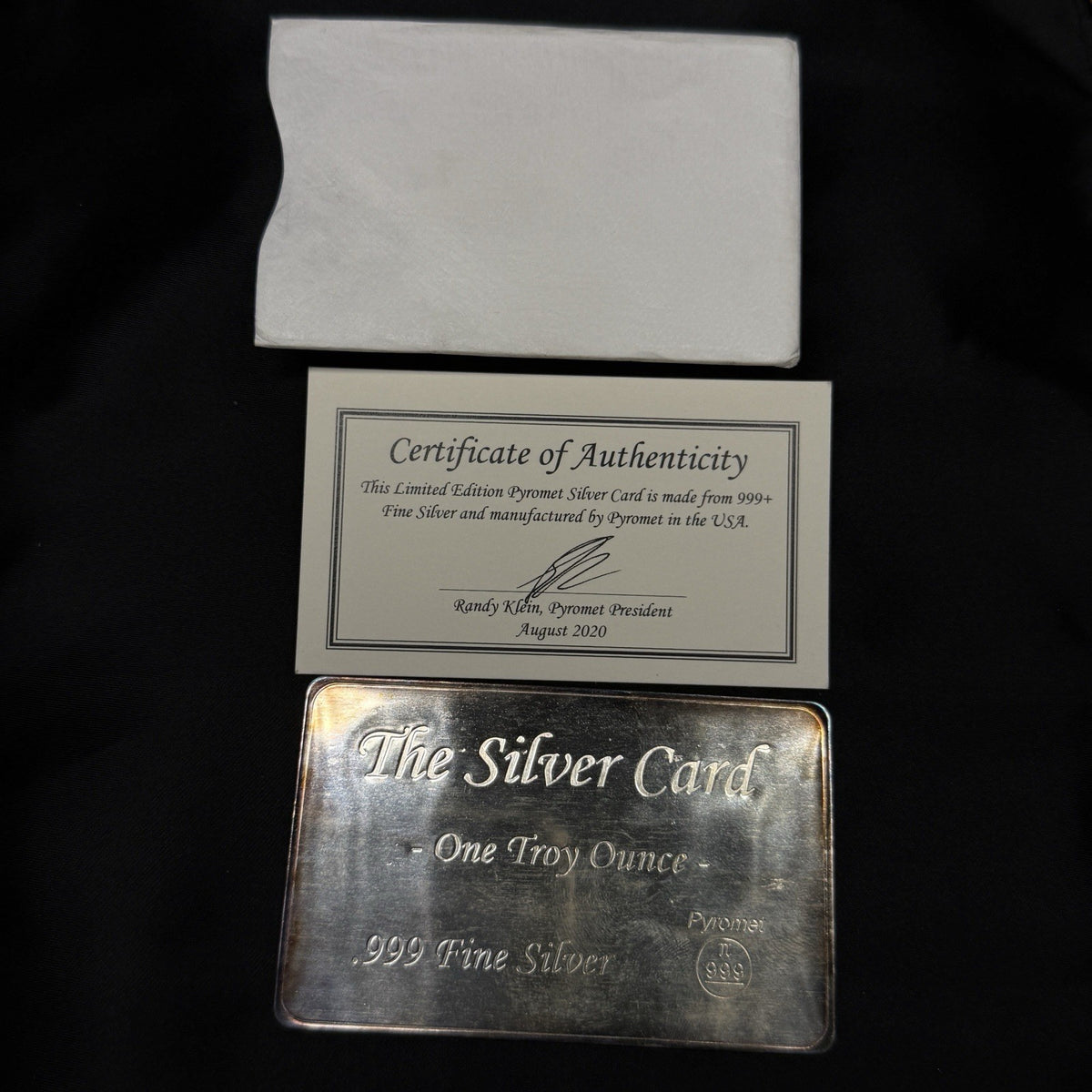 1 oz .999 Fine Silver Bar Pyromet The Silver Card Bar Sleeve 2020 COA