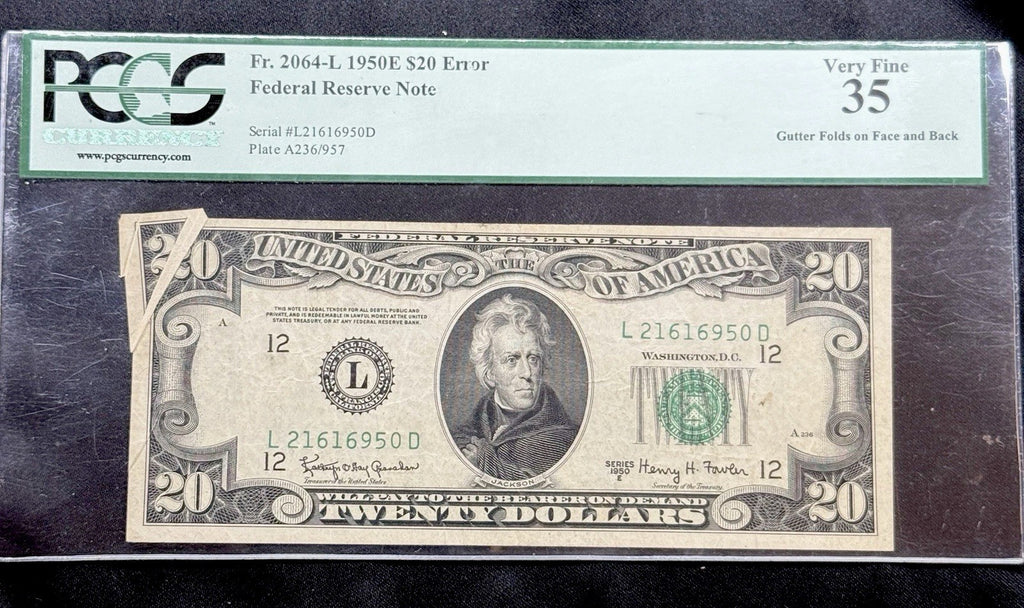 1950E $20 Federal Reserve Note Gutter Fold Error PCGS VF35