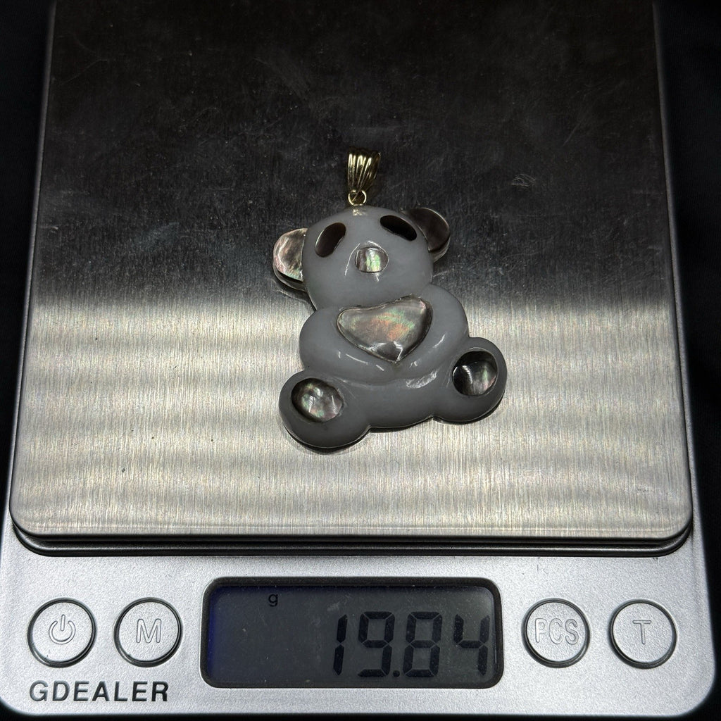 14K Gold Teddy Panda Bear Pendant Mother of Pearl Heart Charm