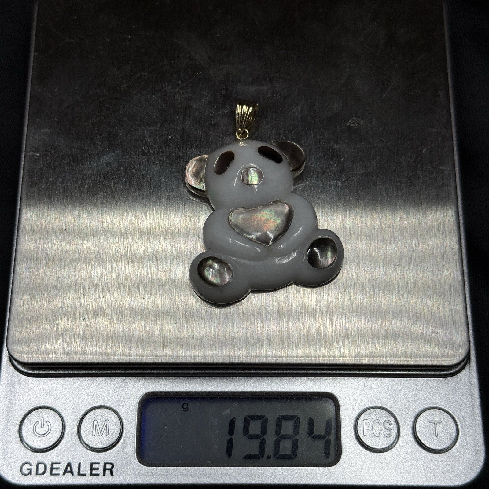 14K Gold Teddy Panda Bear Pendant Mother of Pearl Heart Charm