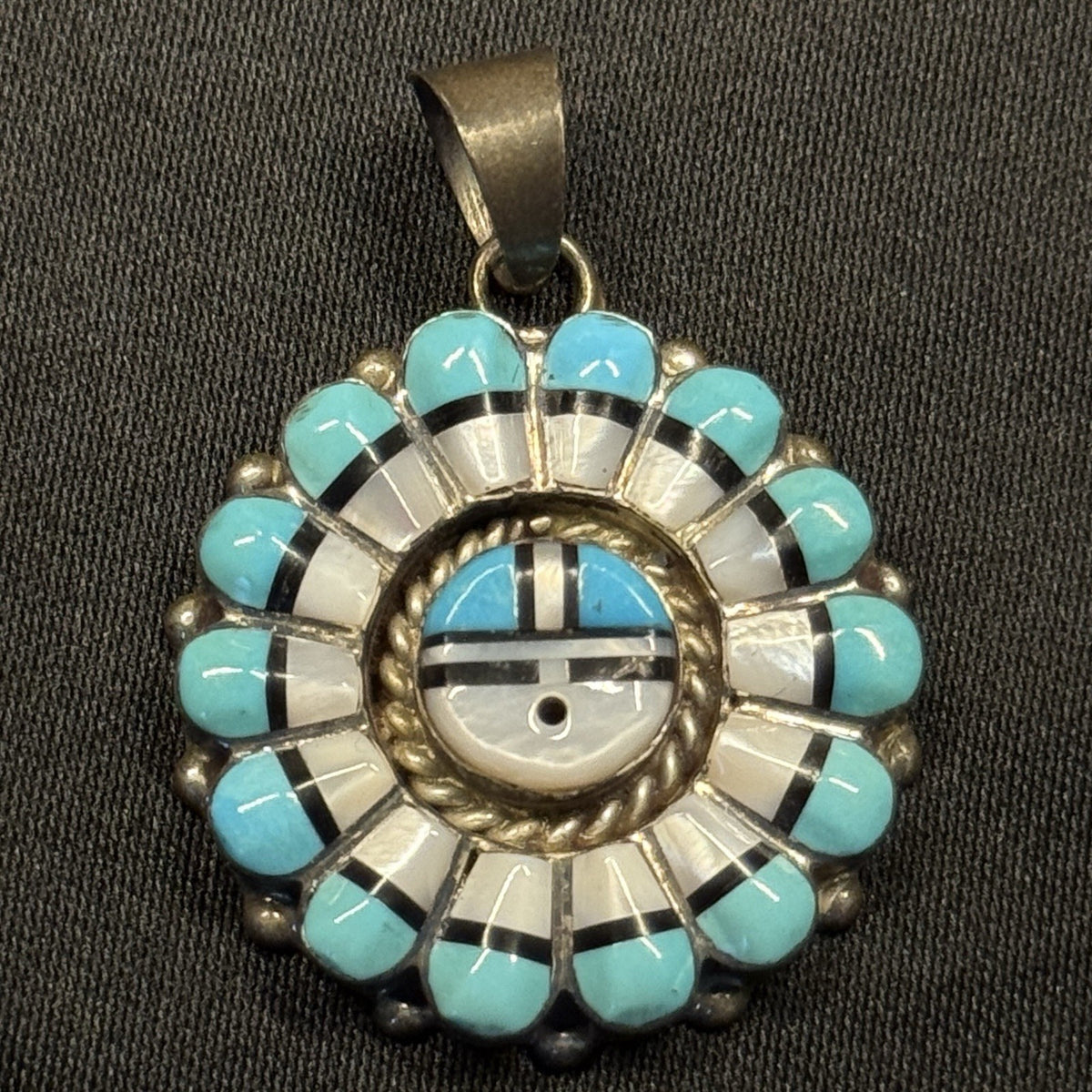 Native American Sterling Silver Pendant Zuni Sun Face Inlay Signed RC Gasper