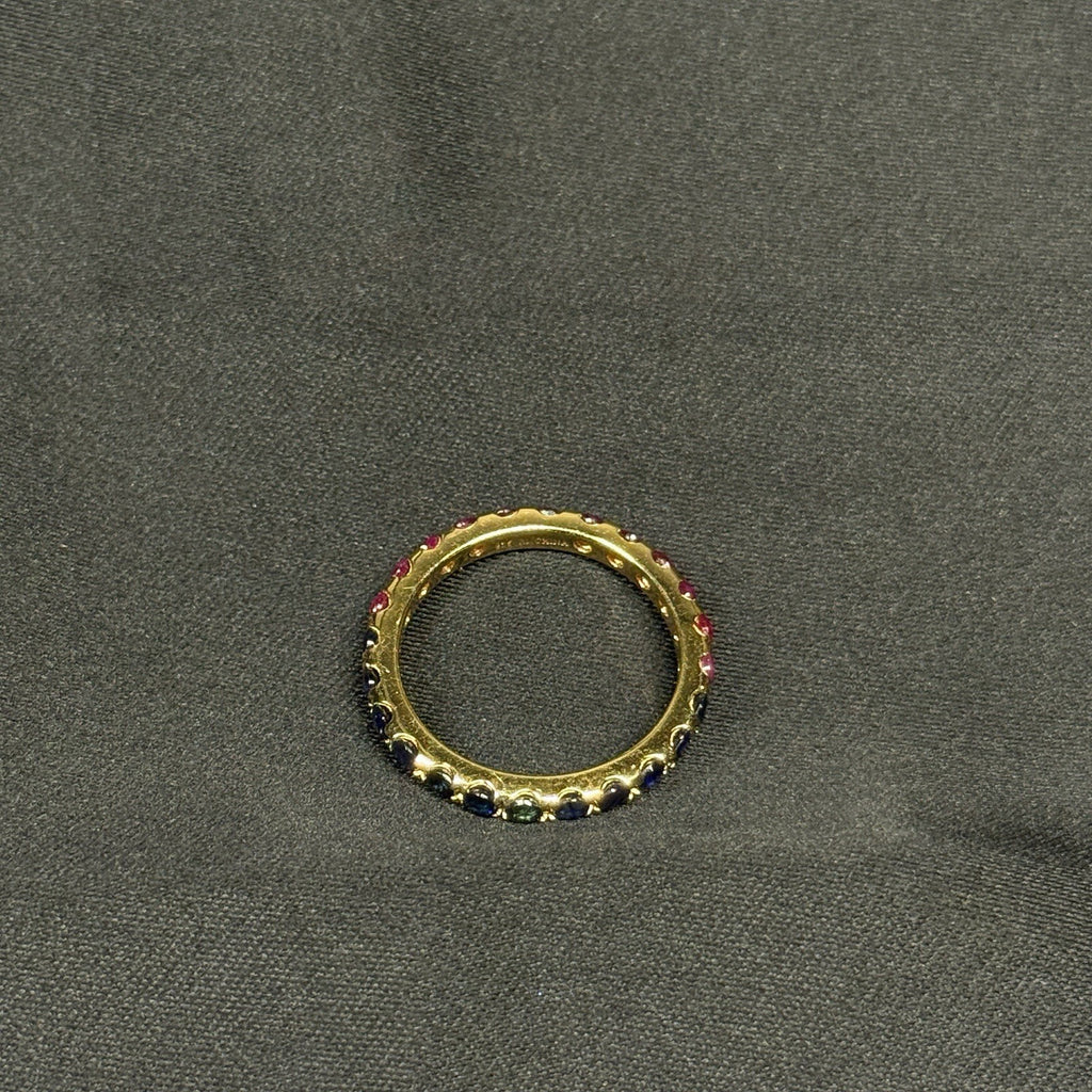 Estate Sterling Silver Gold Eternity Half Ring Rubies Sapphires Size 7.75 925