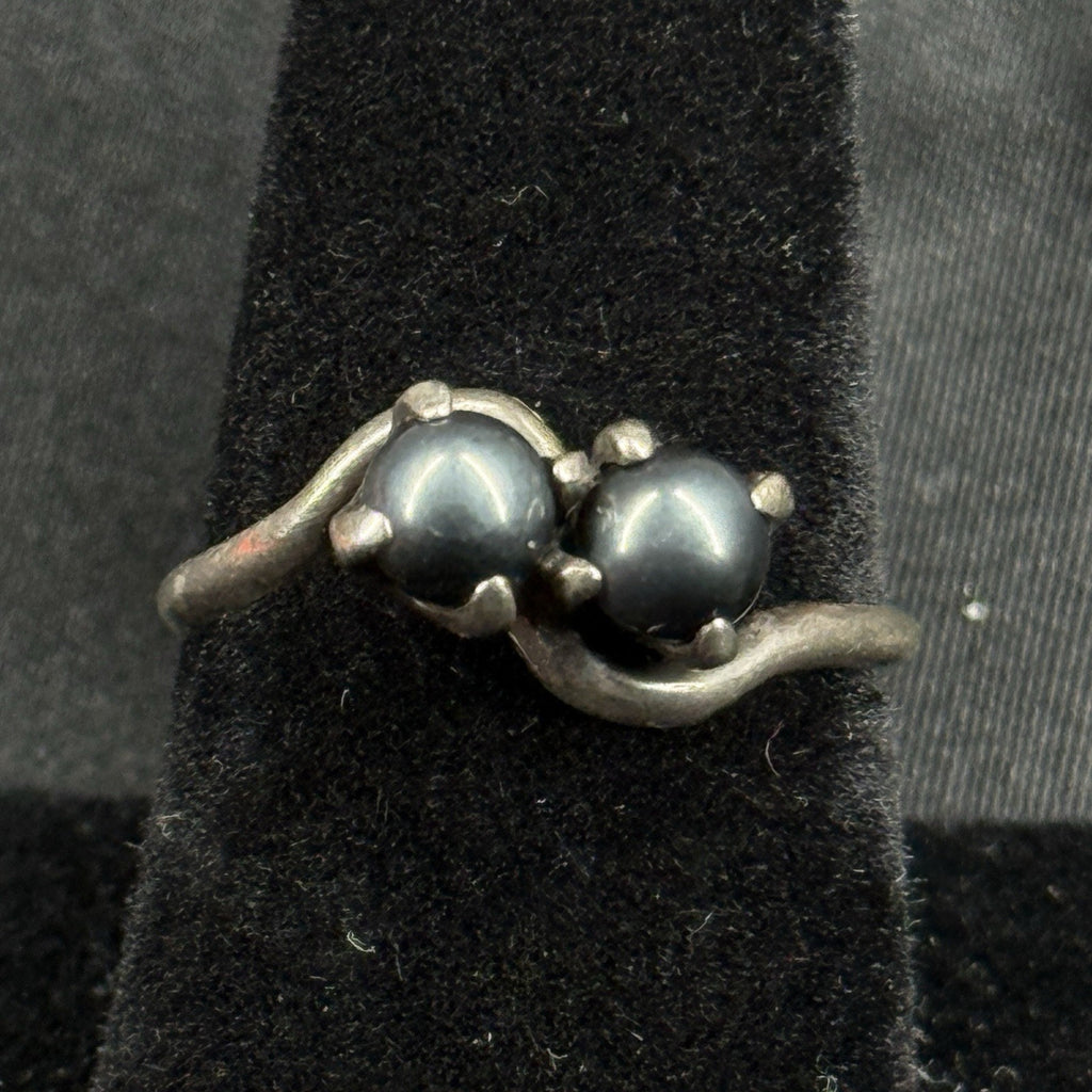 Estate Sterling Silver Ring Two Black Pearl Band Size 7.5 925