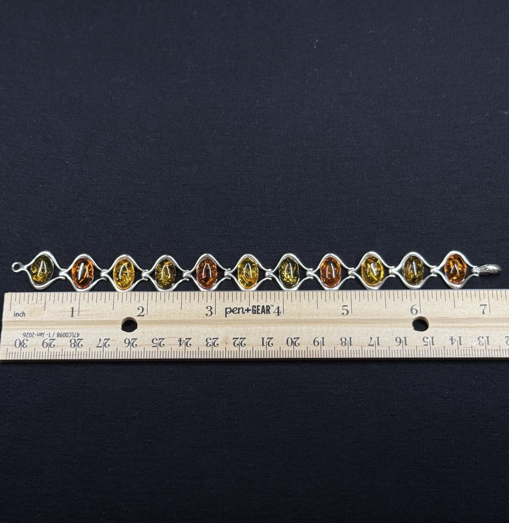 Estate Sterling Silver Tri-Color Amber Oval Link Bracelet Poland 925 7.5"