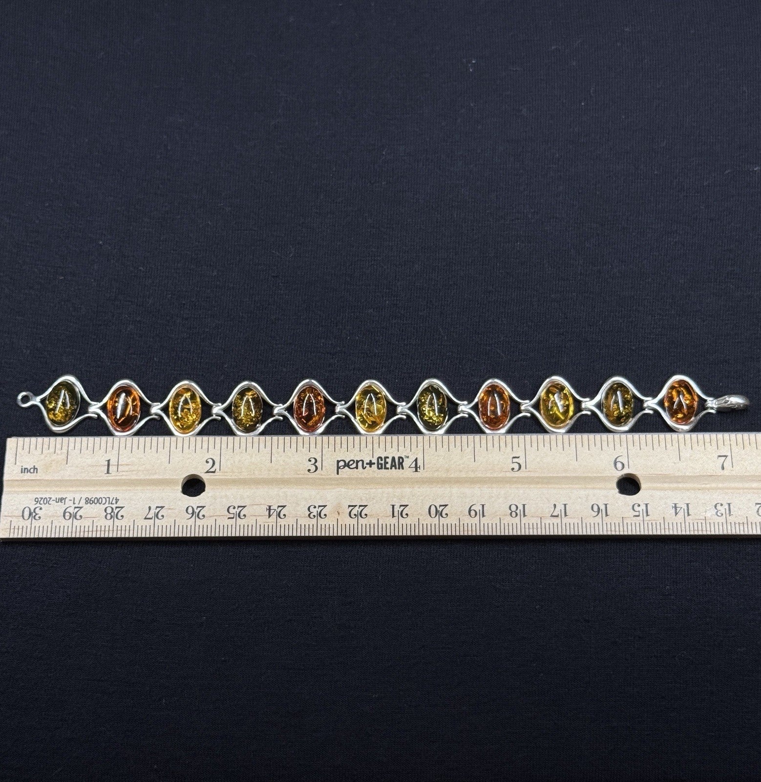 Estate Sterling Silver Tri-Color Amber Oval Link Bracelet Poland 925 7.5"
