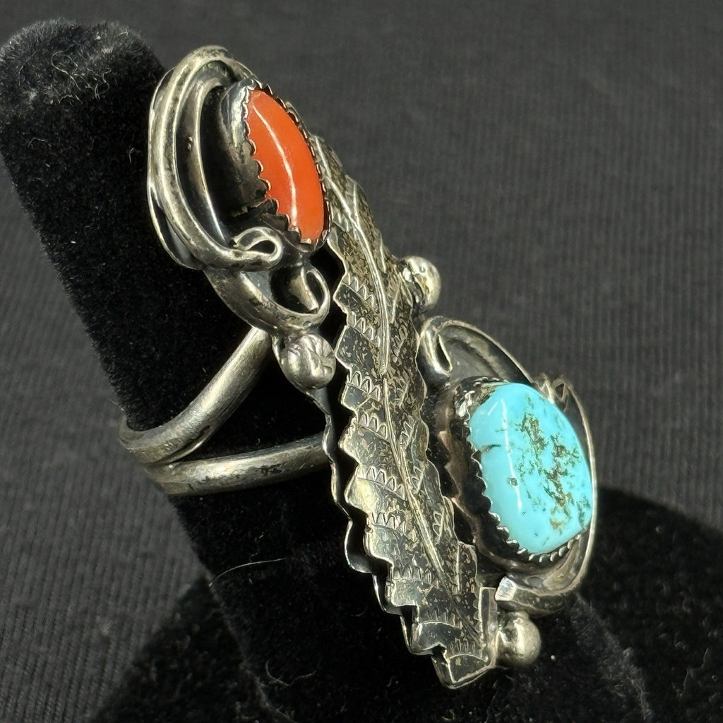 Native Turquoise Coral Feather Sterling Silver Ring Size 5.25 925 H L