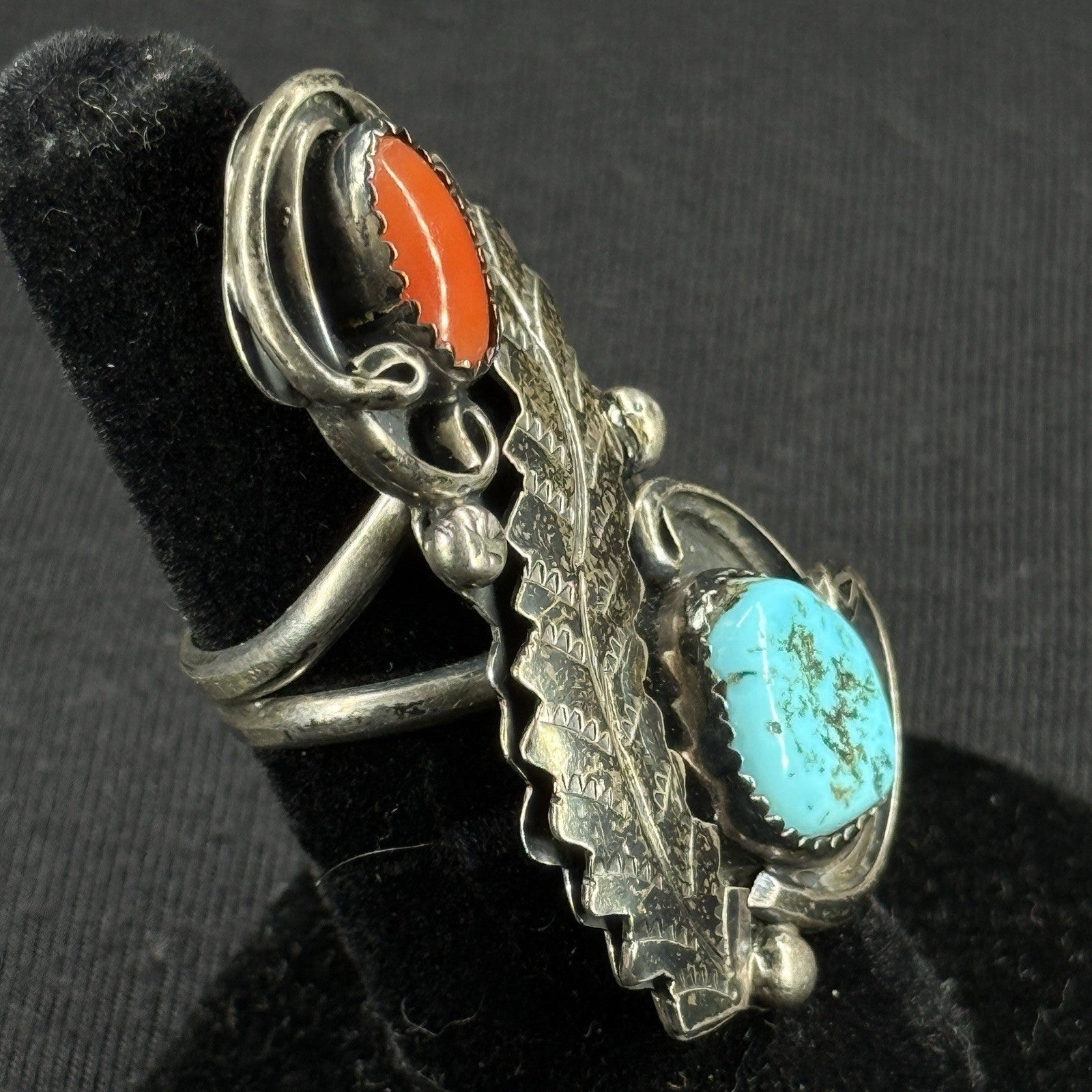 Native Turquoise Coral Feather Sterling Silver Ring Size 5.25 925 H L