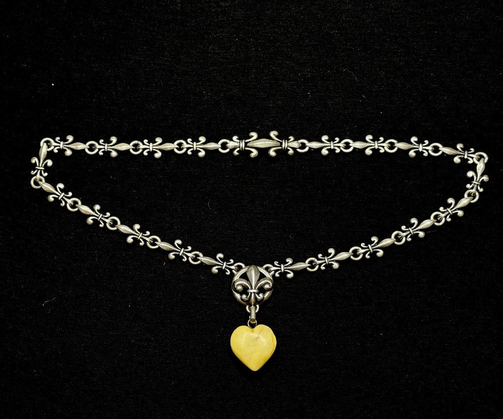 Darren Simonian Sterling Silver Fleur de Lis Necklace Amber Heart Pendant 925