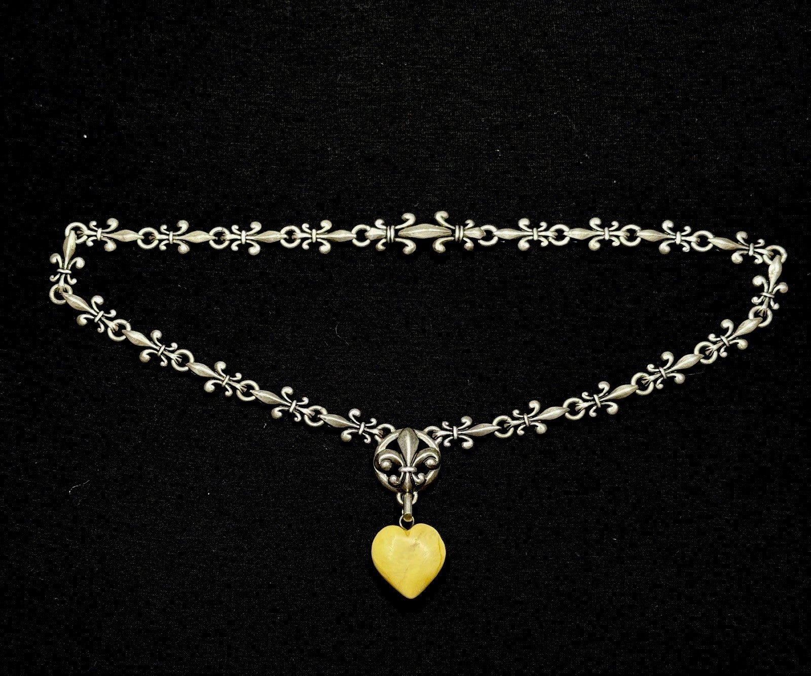 Darren Simonian Sterling Silver Fleur de Lis Necklace Amber Heart Pendant 925