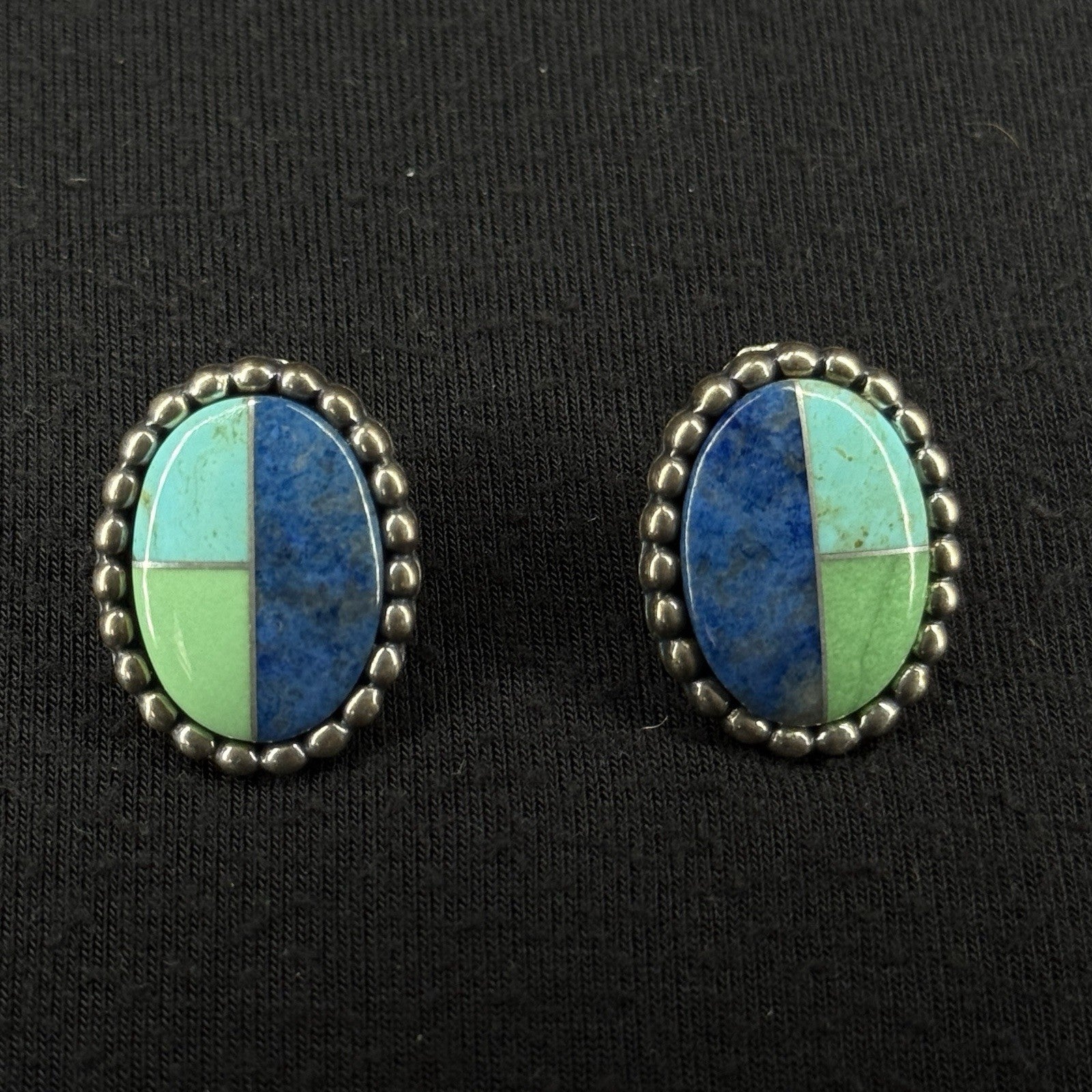 Carolyn Pollack Estate Sterling Silver Earrings Turquoise Lapis Inlay Stud 925
