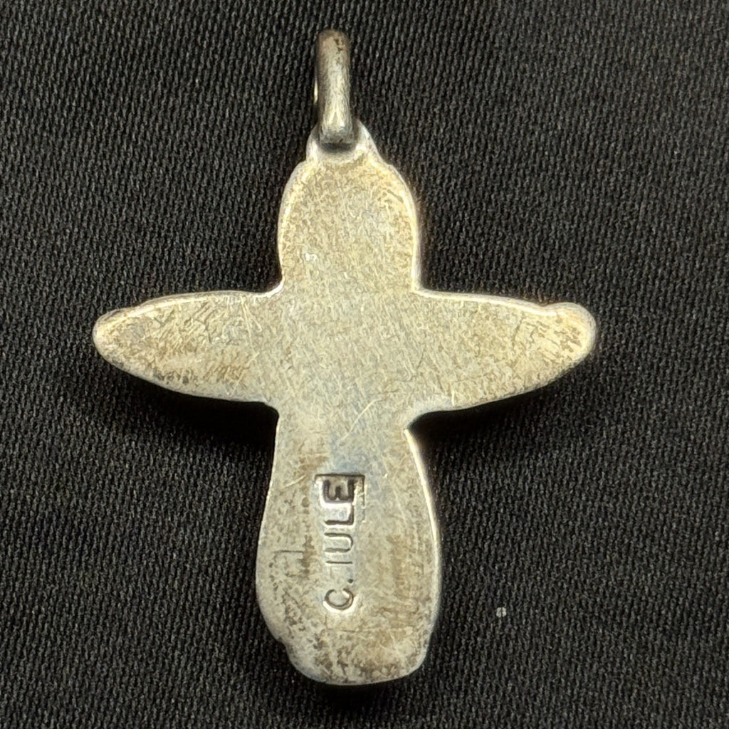 Native American Sterling Silver Pendant Coral Cactus Signed C.IULE  Zuni