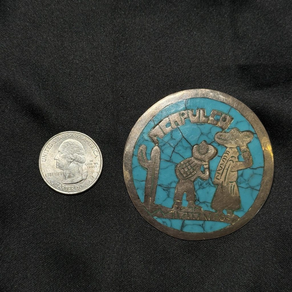 MEXICO STERLING 925 SILVER AND TURQUOISE INLAY ACAPULCO LARGE PIN BROOCH PENDANT
