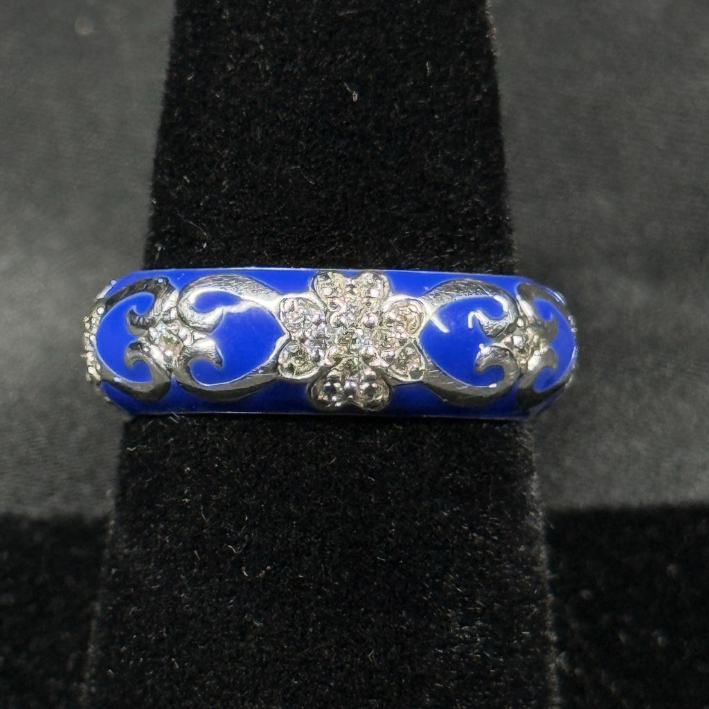 Estate Sterling Silver Ring Blue Enamel CZ Floral Size 7 925