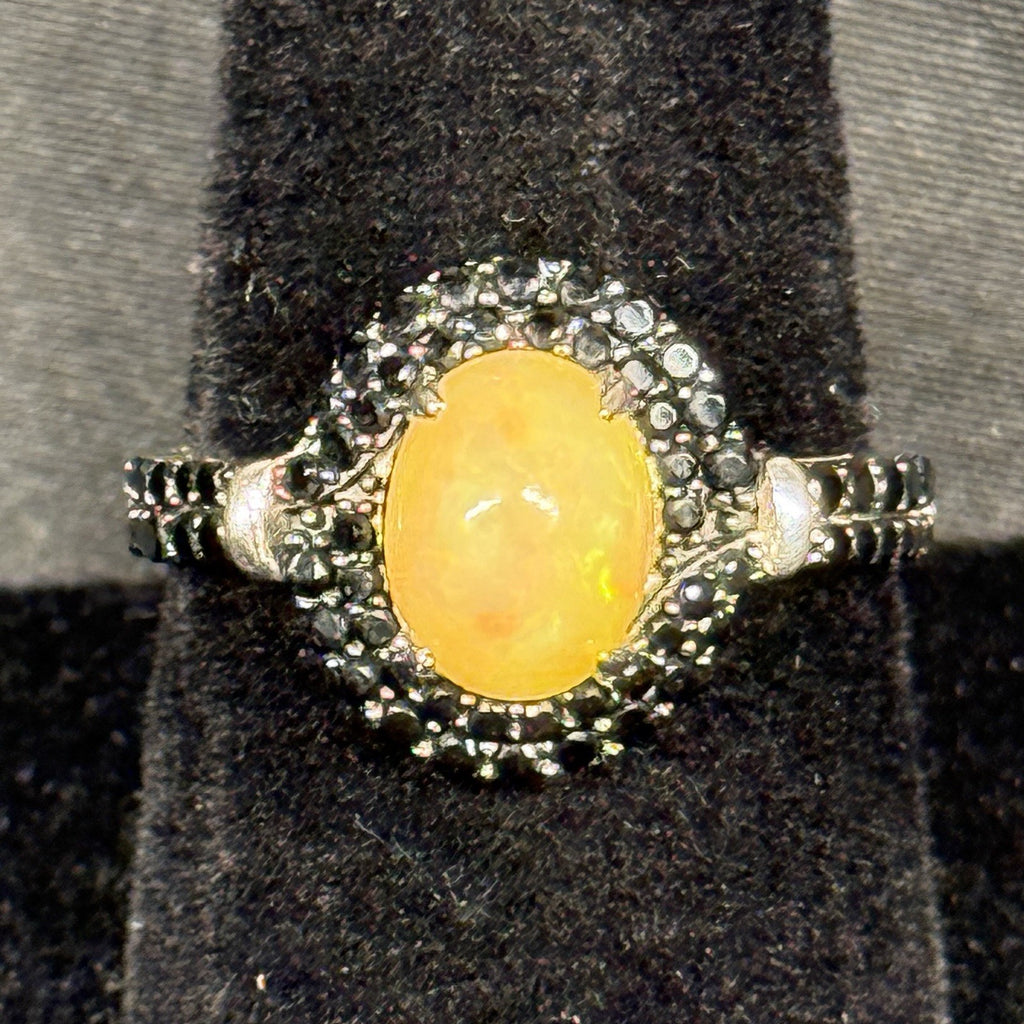 Estate Sterling Silver Ring Stone Gold Opal Black Glass Halo SZ 8 925
