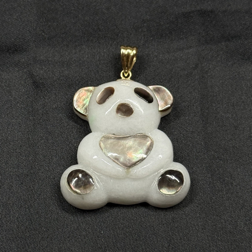 14K Gold Teddy Panda Bear Pendant Mother of Pearl Heart Charm