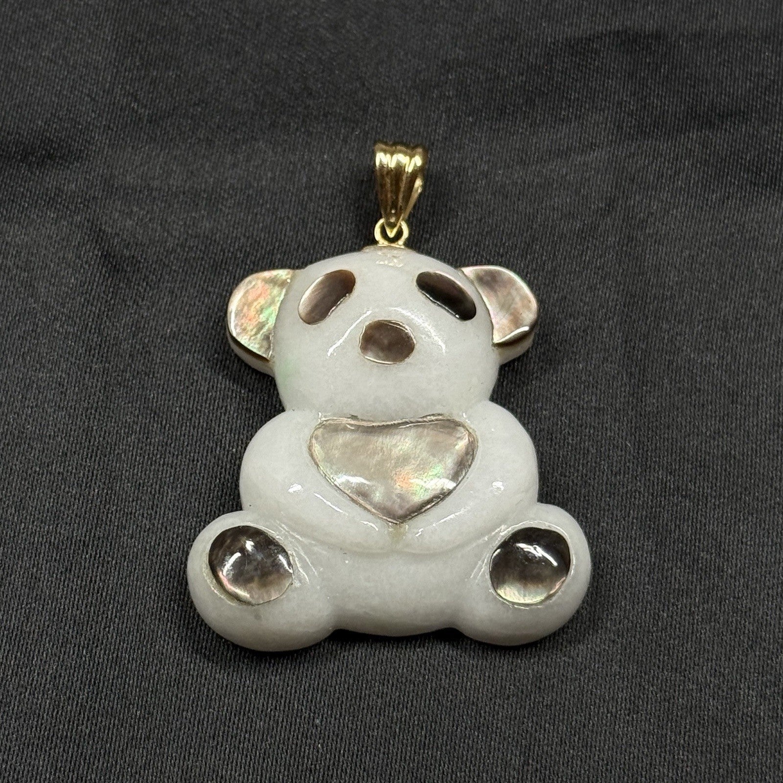 14K Gold Teddy Panda Bear Pendant Mother of Pearl Heart Charm