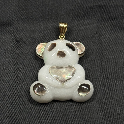 14K Gold Teddy Panda Bear Pendant Mother of Pearl Heart Charm