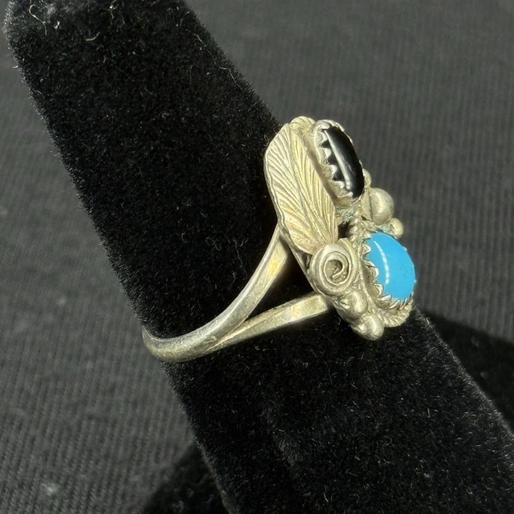 Native Turquoise Black Oynx Sterling Silver Ring Size 5 925 Hand Script