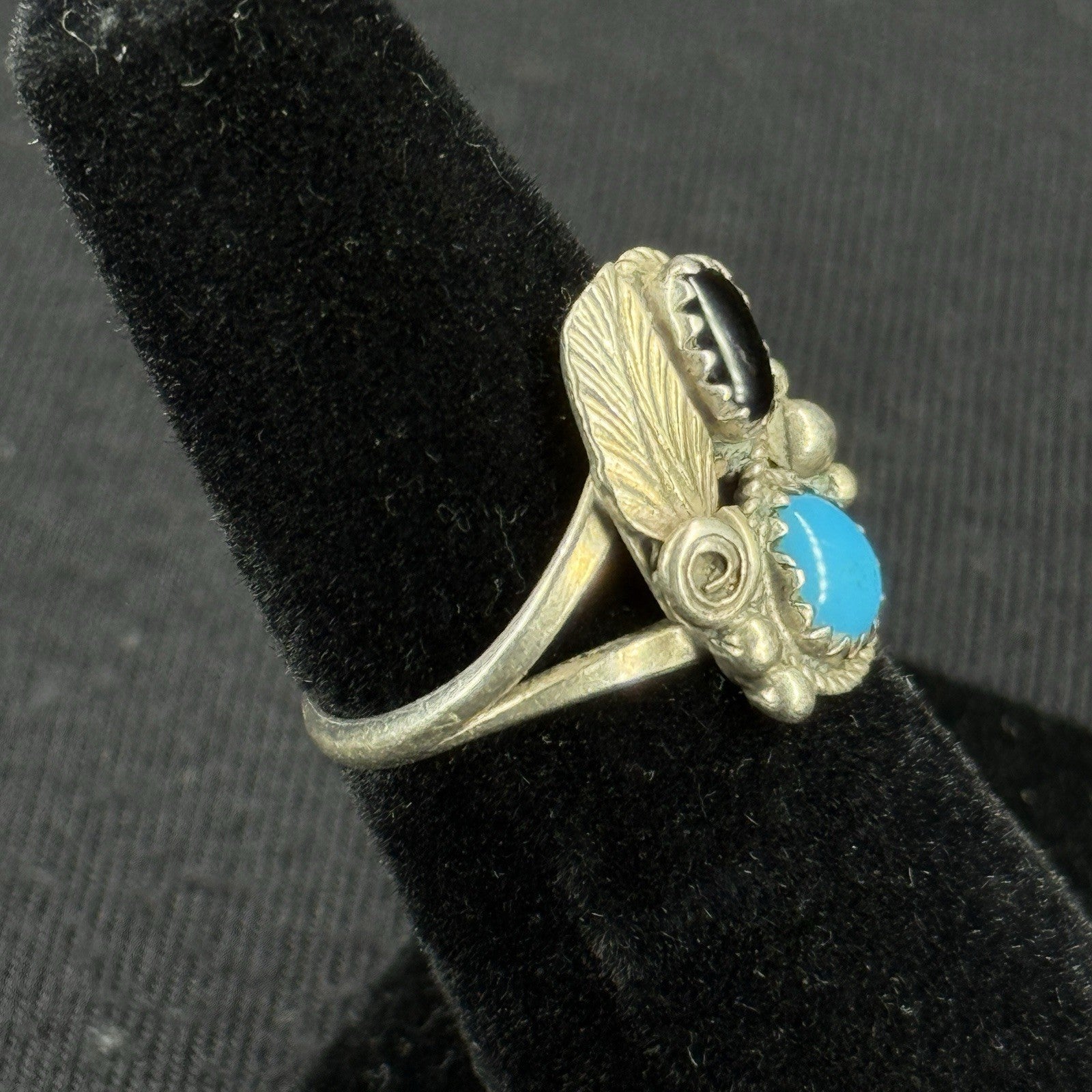 Native Turquoise Black Oynx Sterling Silver Ring Size 5 925 Hand Script