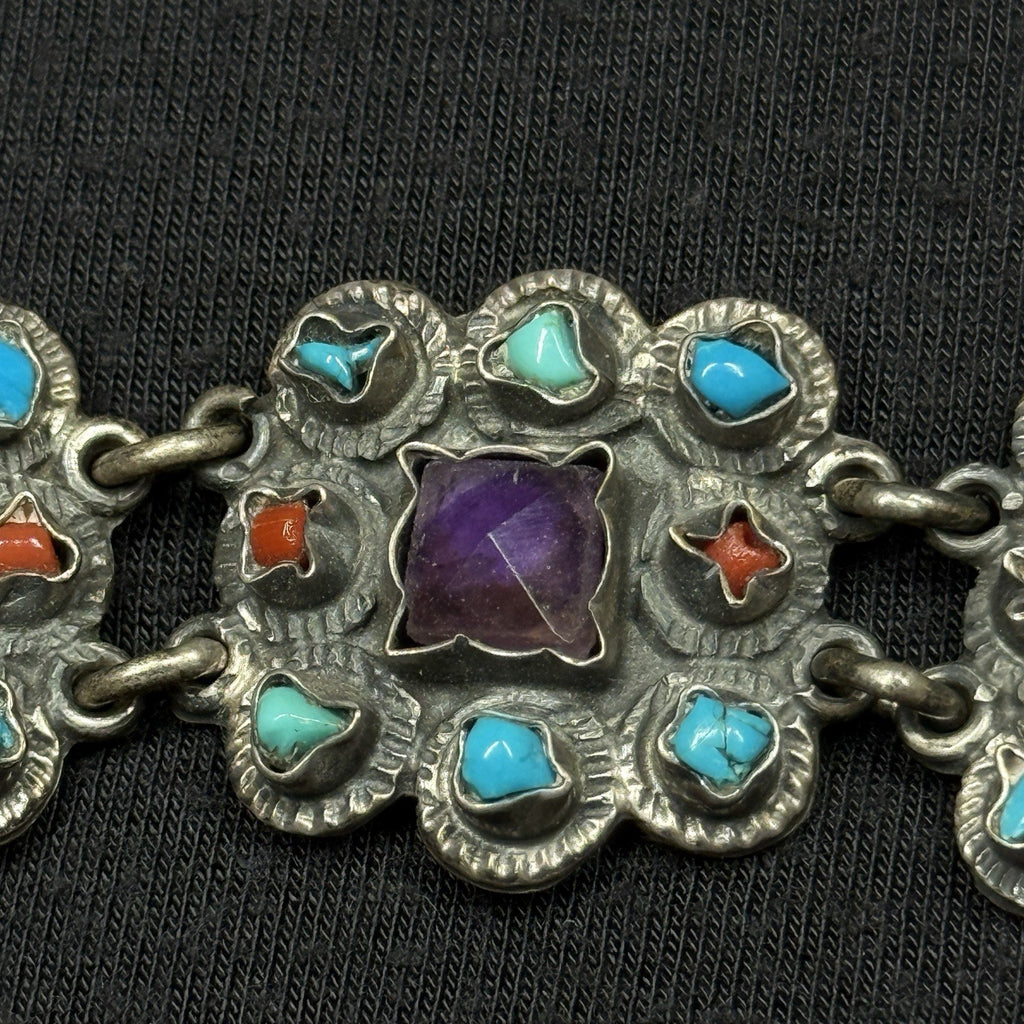 Estate Sterling Silver Matl Style Amethyst Turquoise Coral Bracelet 925 TP-102MX