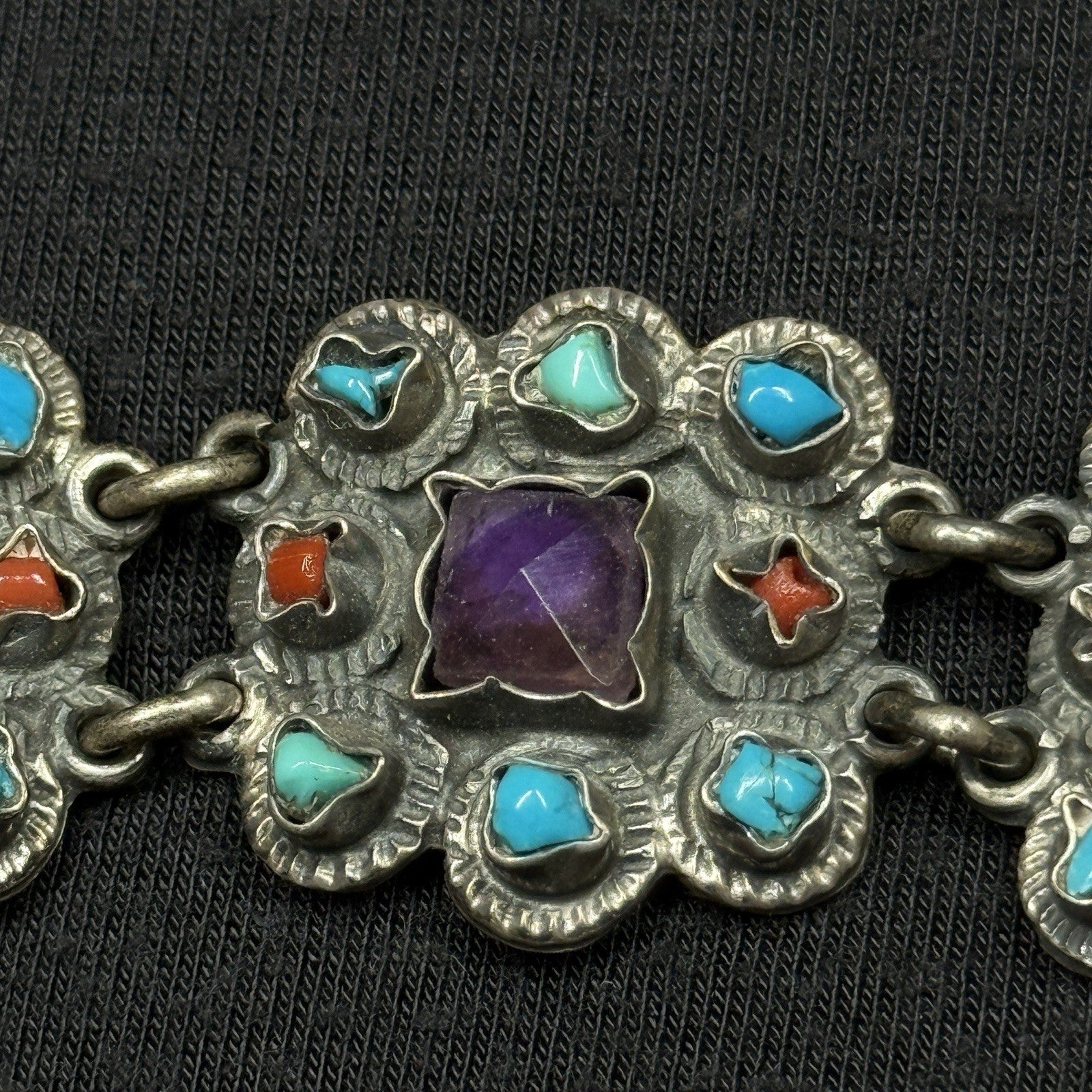 Estate Sterling Silver Matl Style Amethyst Turquoise Coral Bracelet 925 TP-102MX