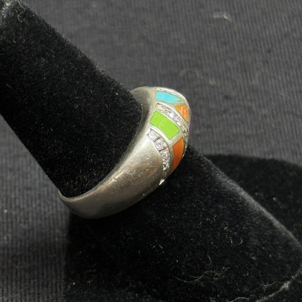 Estate Sterling Silver Stone Inlay CZ Ring Band Size 6 925