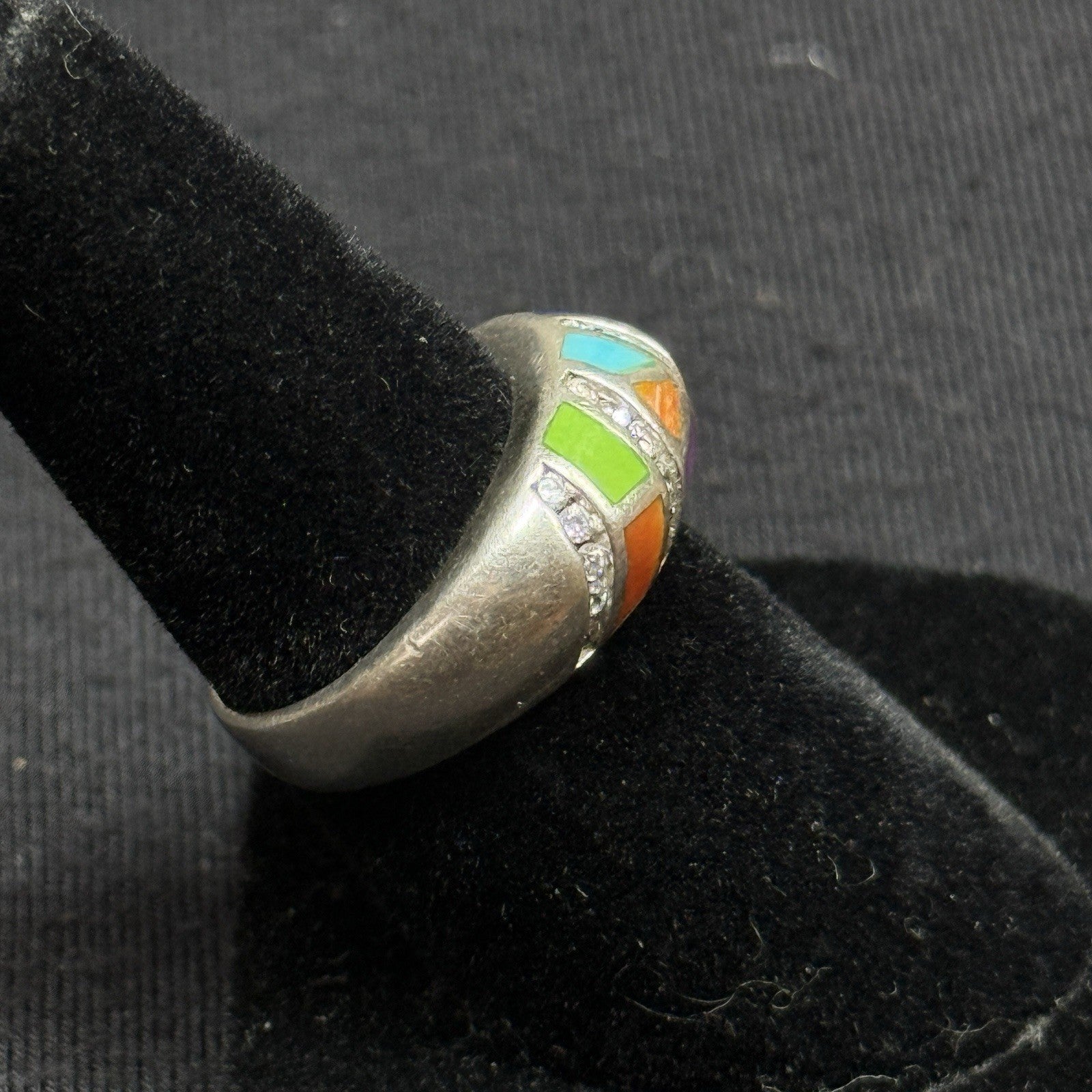 Estate Sterling Silver Stone Inlay CZ Ring Band Size 6 925