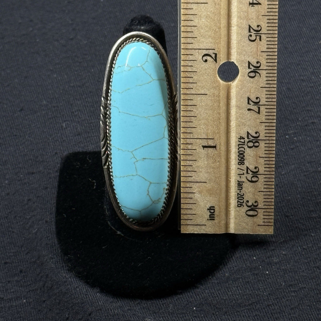 Native Turquoise Sterling Silver Ring Size 6.5 925 Dine Begaye Elongated 2 Inch