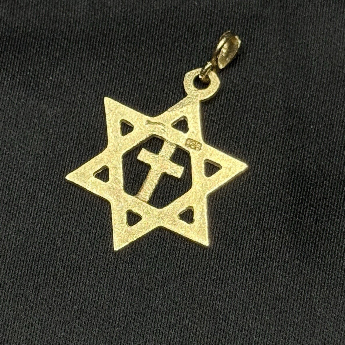 Estate 925 Sterling Silver Gold Star Of David With Central Cross Pendant