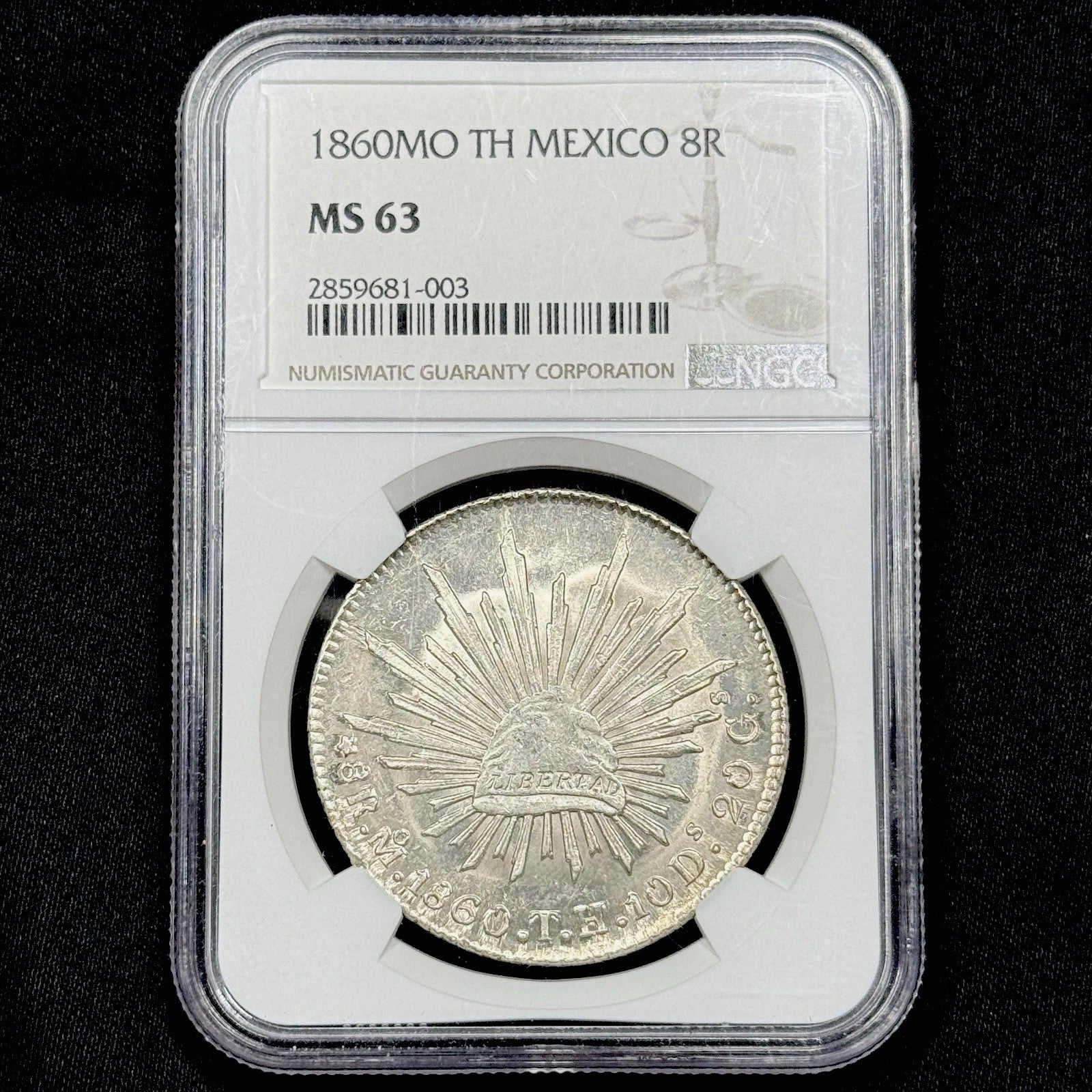 1860 Mo TH Mexico 8 Reales NGC MS63 Near Prooflike Heavy Die Polish