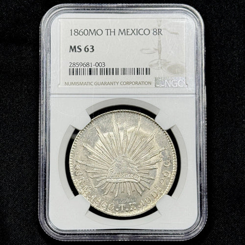 1860 Mo TH Mexico 8 Reales NGC MS63 Near Prooflike Heavy Die Polish