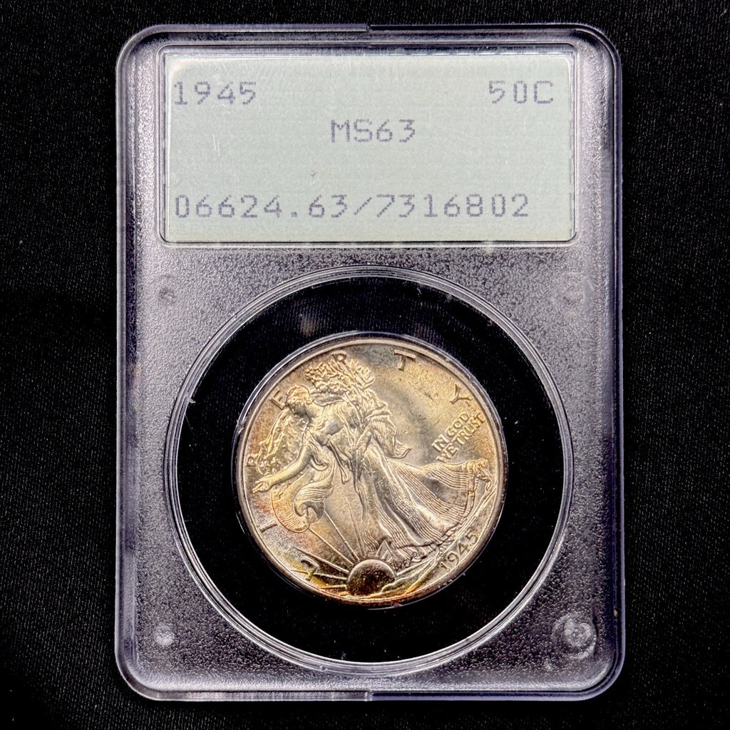 1945 Walking Liberty Half Dollar PCGS MS63 Rattler Old Green Holder Nice Toned