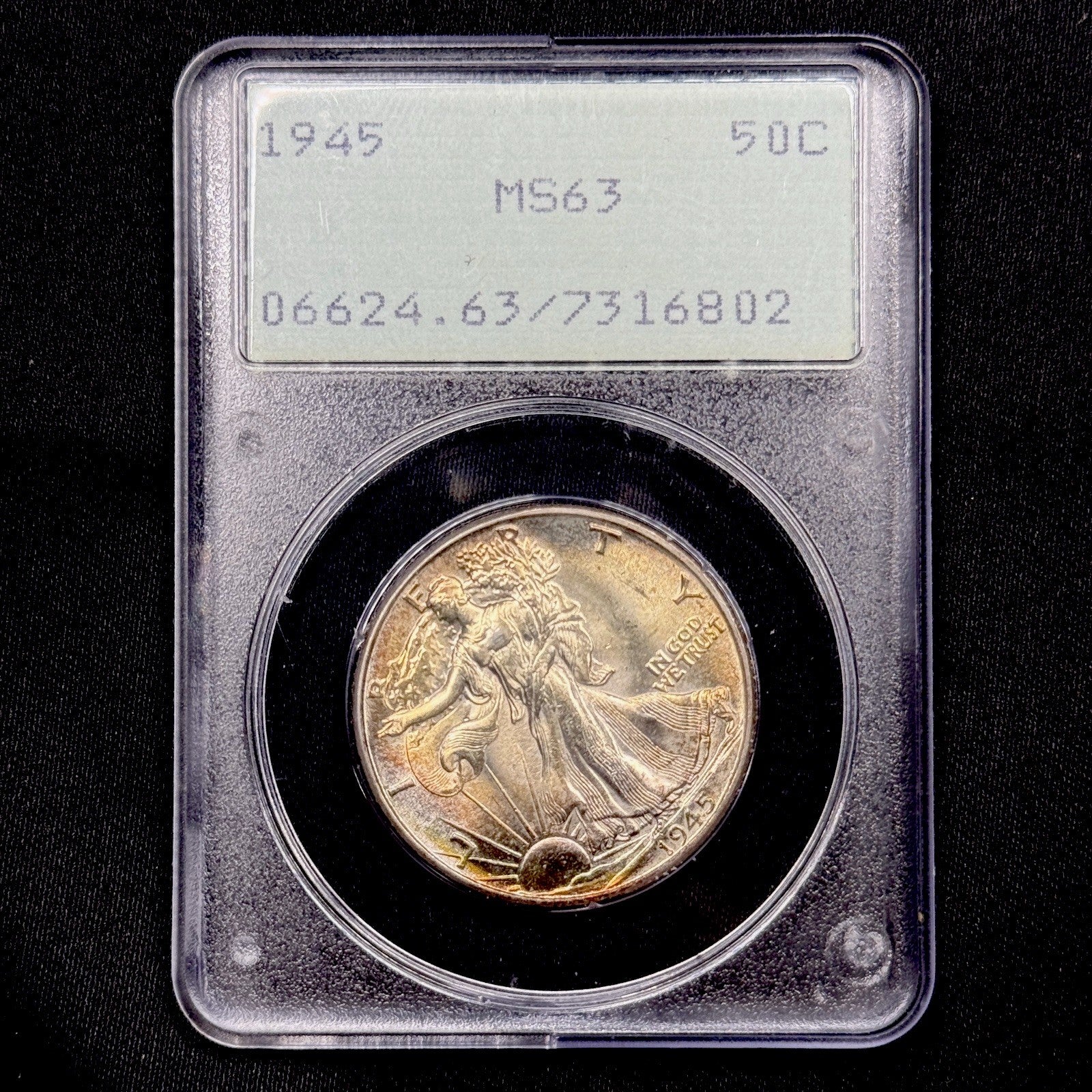 1945 Walking Liberty Half Dollar PCGS MS63 Rattler Old Green Holder Nice Toned