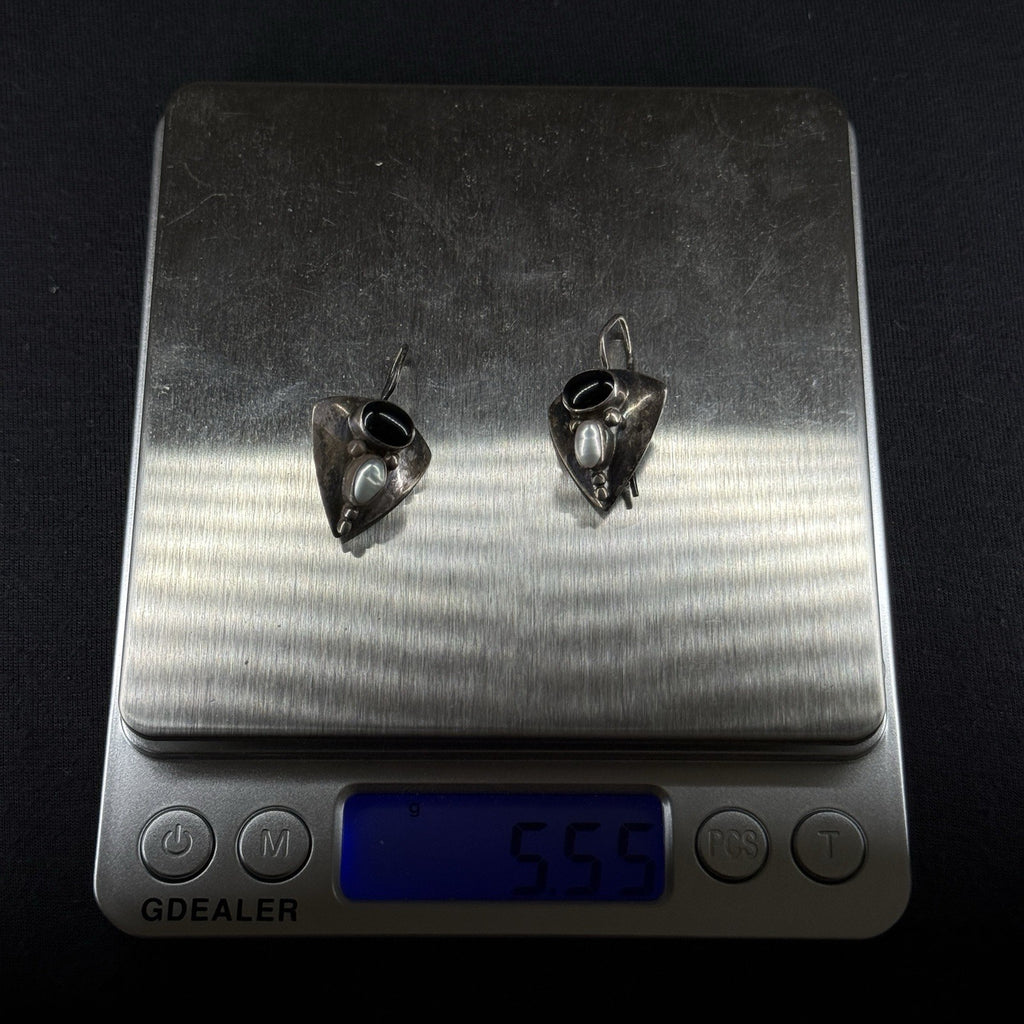 Robert Nilsson Estate Sterling Silver Earrings Black Oynx Pearl Drop 925