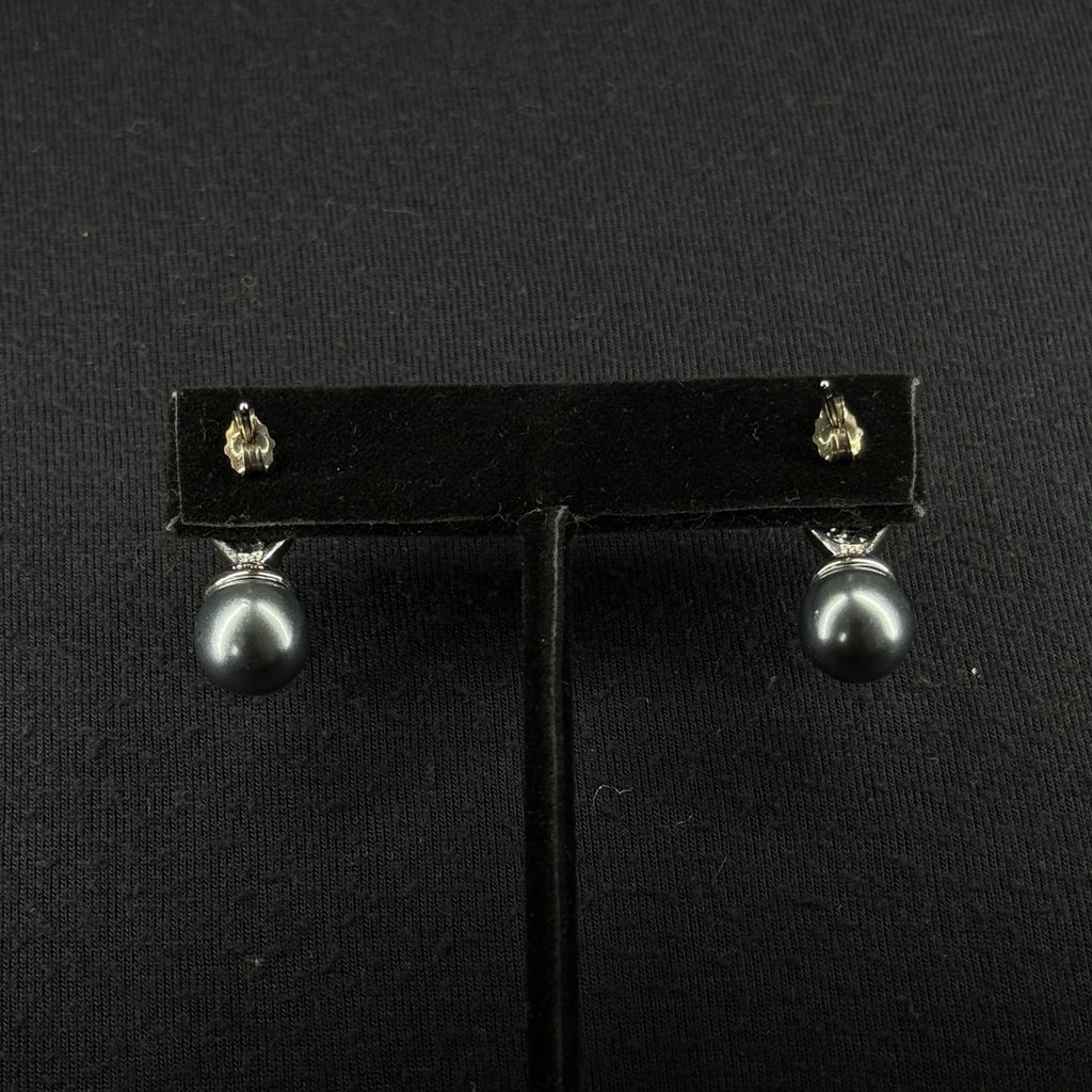 Estate Sterling Silver Earrings Black Pearl CZ Stud 925 LR