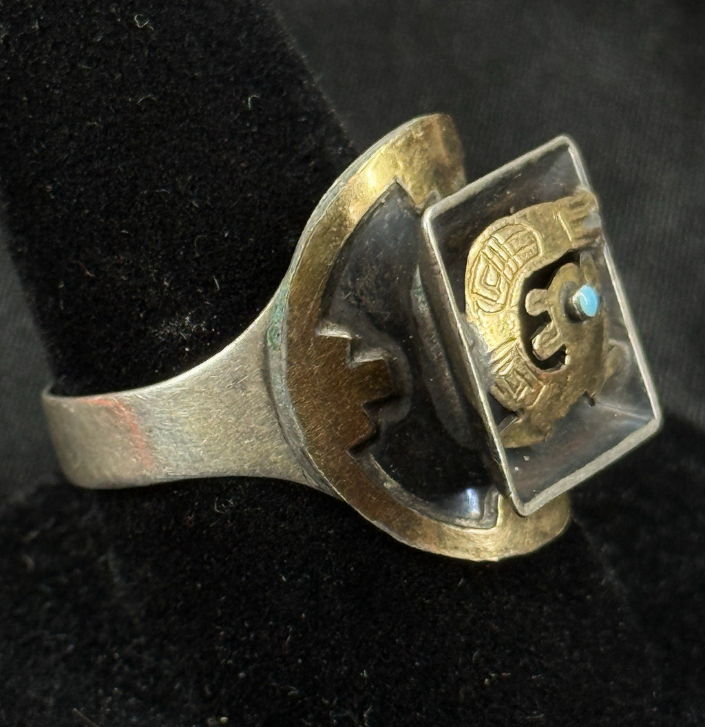 Estate Sterling Silver 18K Gold Ring Peruvian Turquoise Bird Ring Size 10
