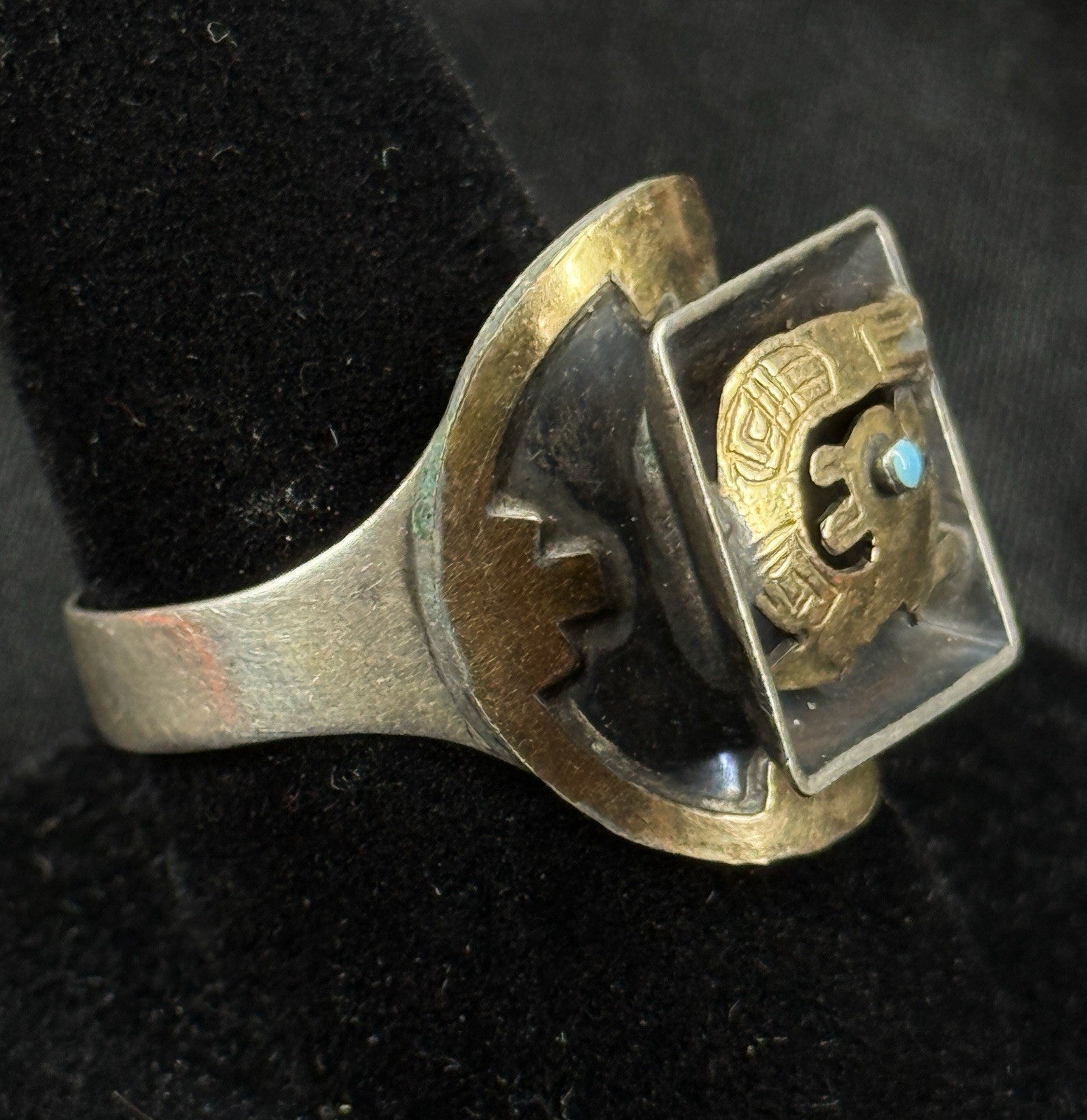 Estate Sterling Silver 18K Gold Ring Peruvian Turquoise Bird Ring Size 10
