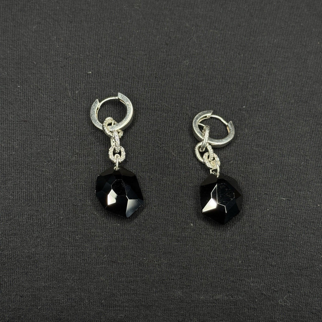 Estate Sterling Silver Earrings Black Stone Drop CZ 925