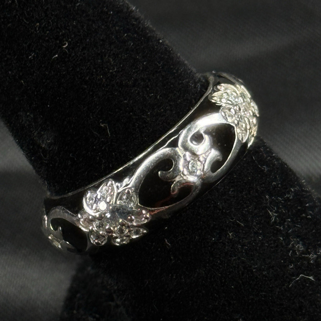 Estate Sterling Silver Ring Black Enamel CZ Floral Size 7 925