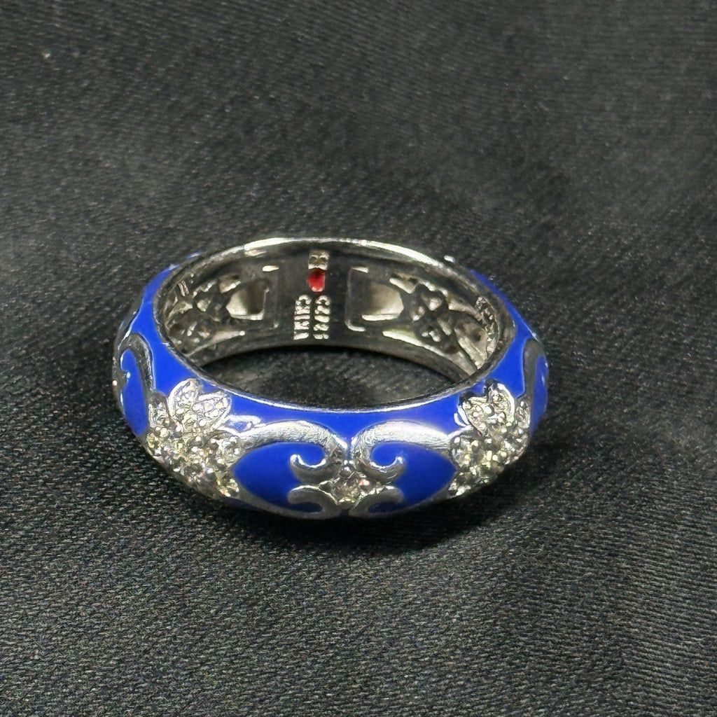 Estate Sterling Silver Ring Blue Enamel CZ Floral Size 7 925