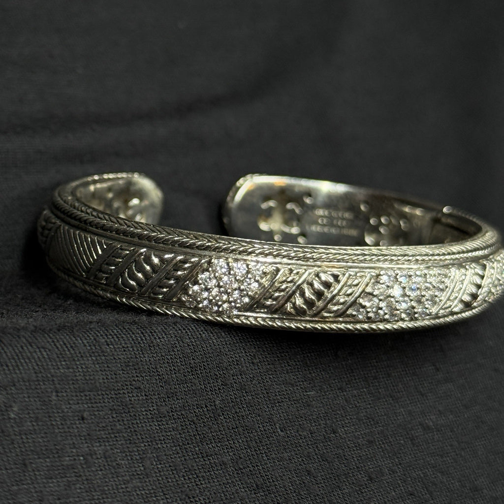 Estate Judith Ripka Sterling Silver Cuff Bracelet Rope Design CZ