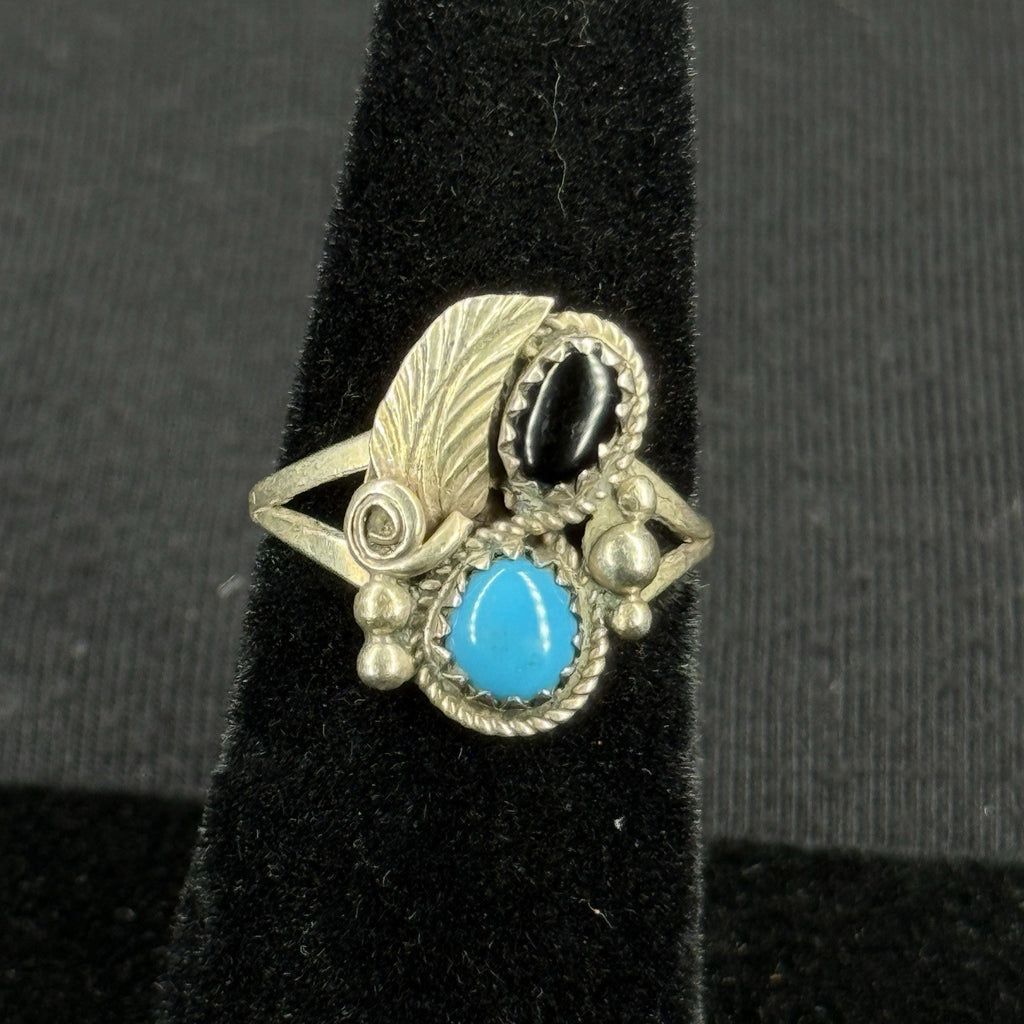 Native Turquoise Black Oynx Sterling Silver Ring Size 5 925 Hand Script