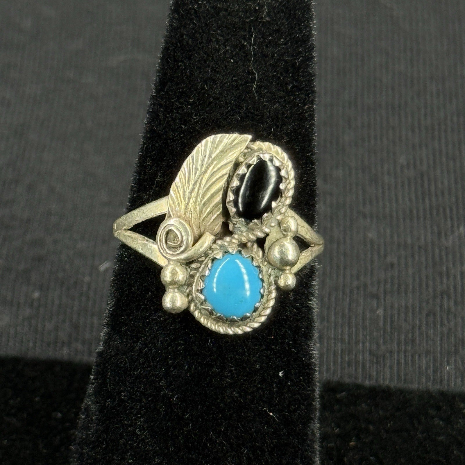 Native Turquoise Black Oynx Sterling Silver Ring Size 5 925 Hand Script