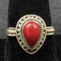 Boho Red Coral Pear Cabochon Sterling Silver Ring Size 8 925