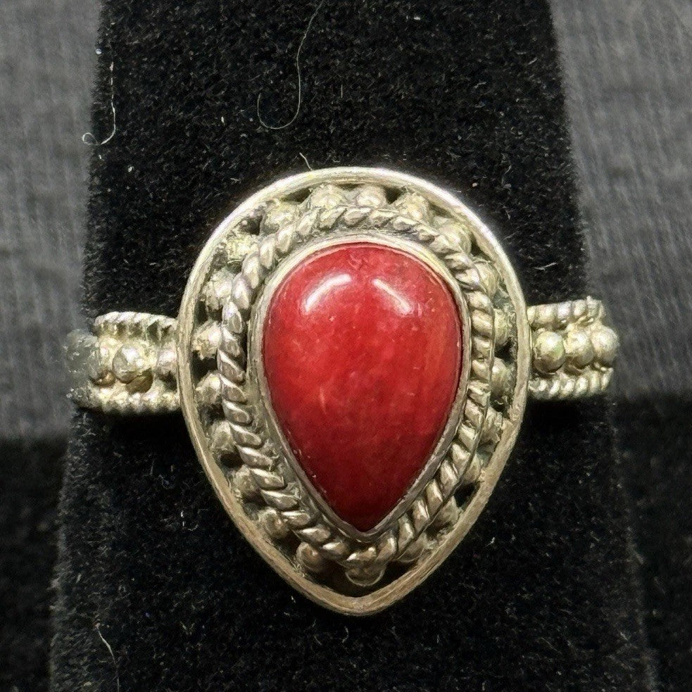 Boho Red Coral Pear Cabochon Sterling Silver Ring Size 8 925