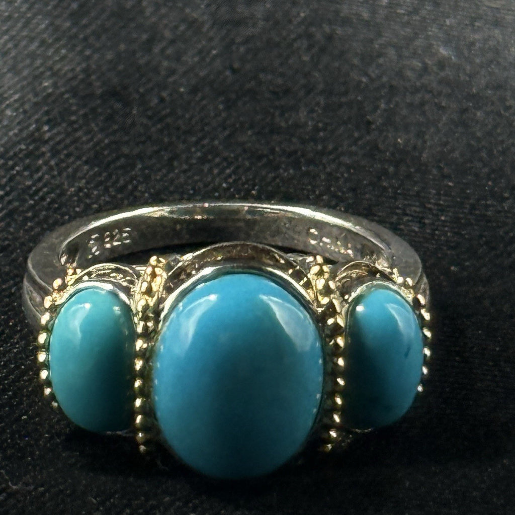 Estate Sterling Silver Ring Turquoise Vermeil 3 Stone Size 6 925