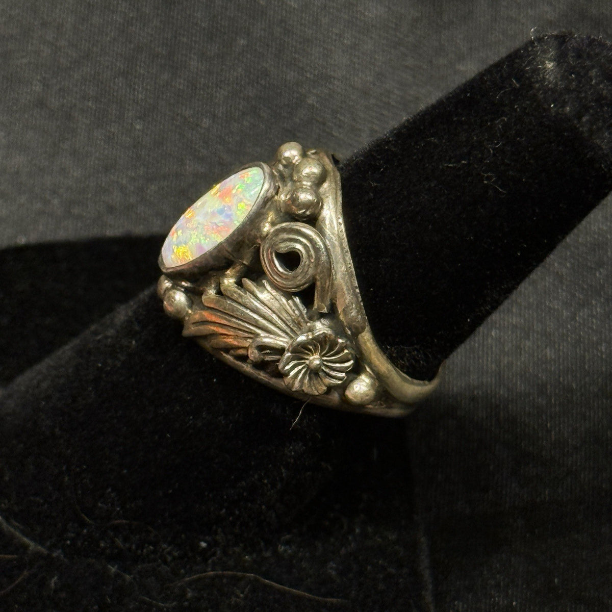 Native Running Bear Sterling Silver Ring White Fire Opal Signed RB Size 6.5
