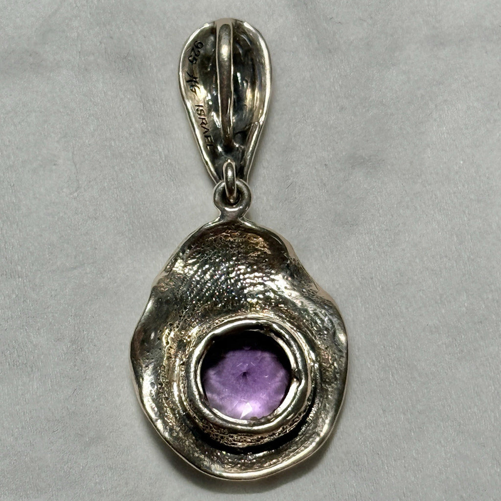 Sterling Silver Naturalist Wood Finish Amethyst Pendant 925 Israel Signed