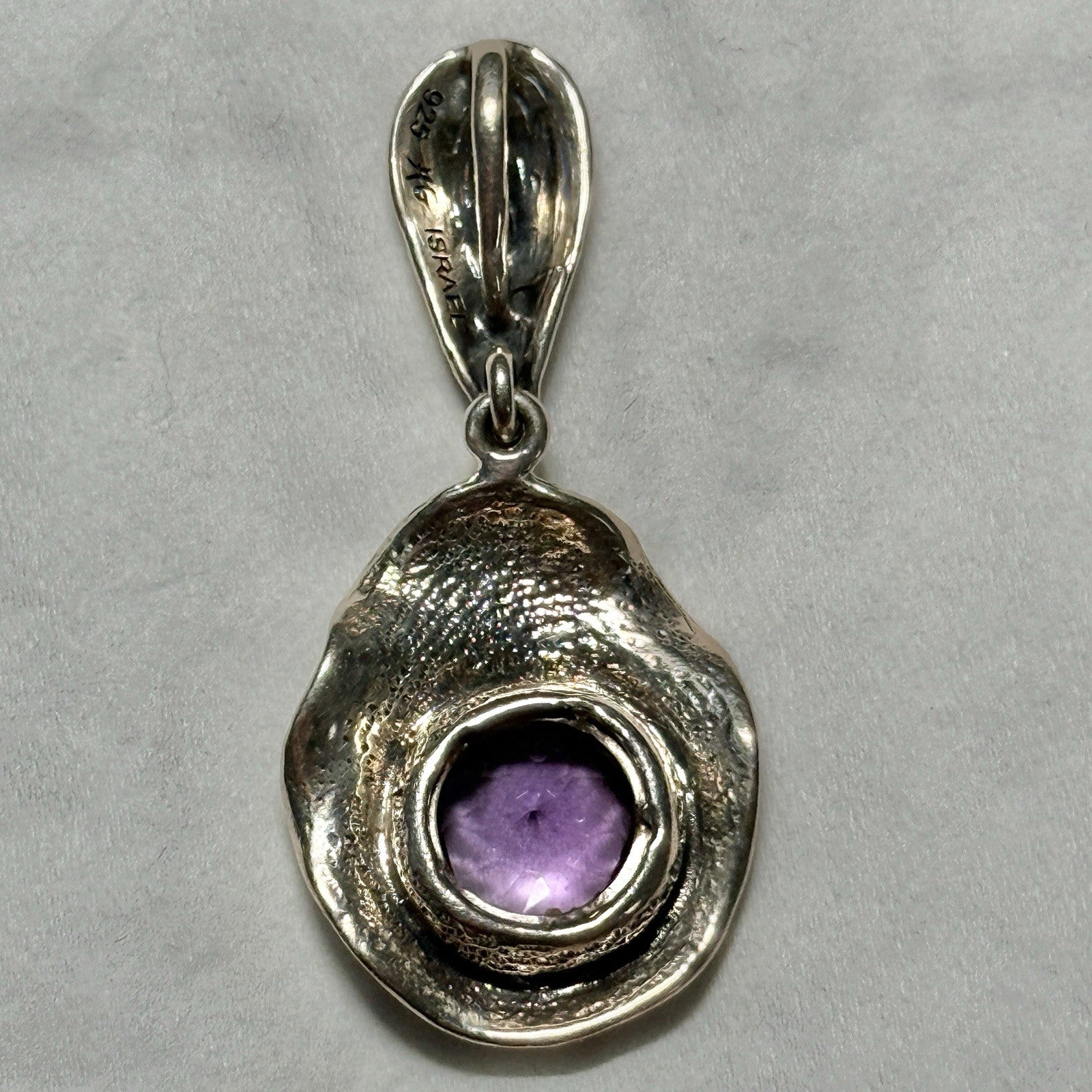 Sterling Silver Naturalist Wood Finish Amethyst Pendant 925 Israel Signed