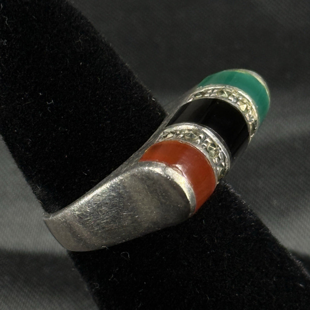 Estate Sterling Silver Ring Carnelian Oynx Marcasite Size 4.5 925